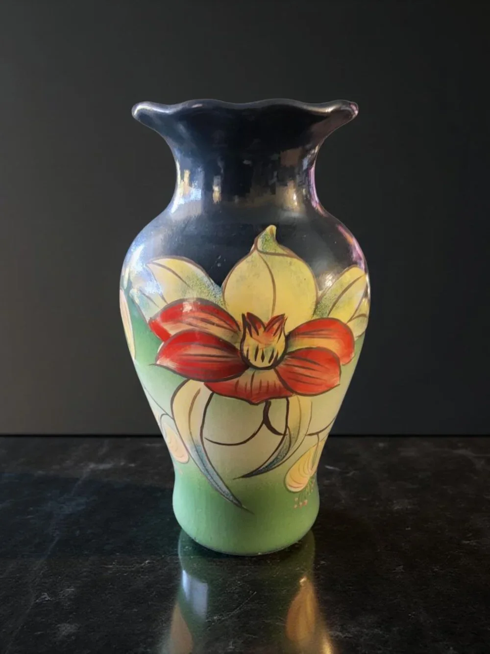 Vintage Hand - Painted Orchid Floral Clay Art Nouveau Vase